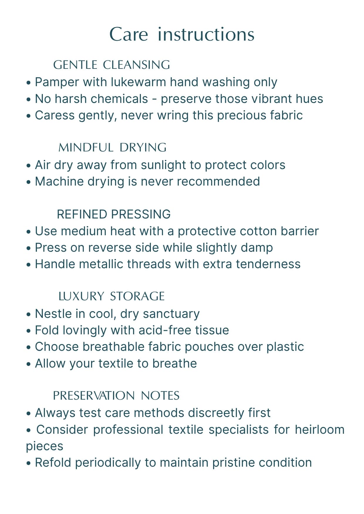 Inside of the TÚNDÙN care card, listing the care instructions.