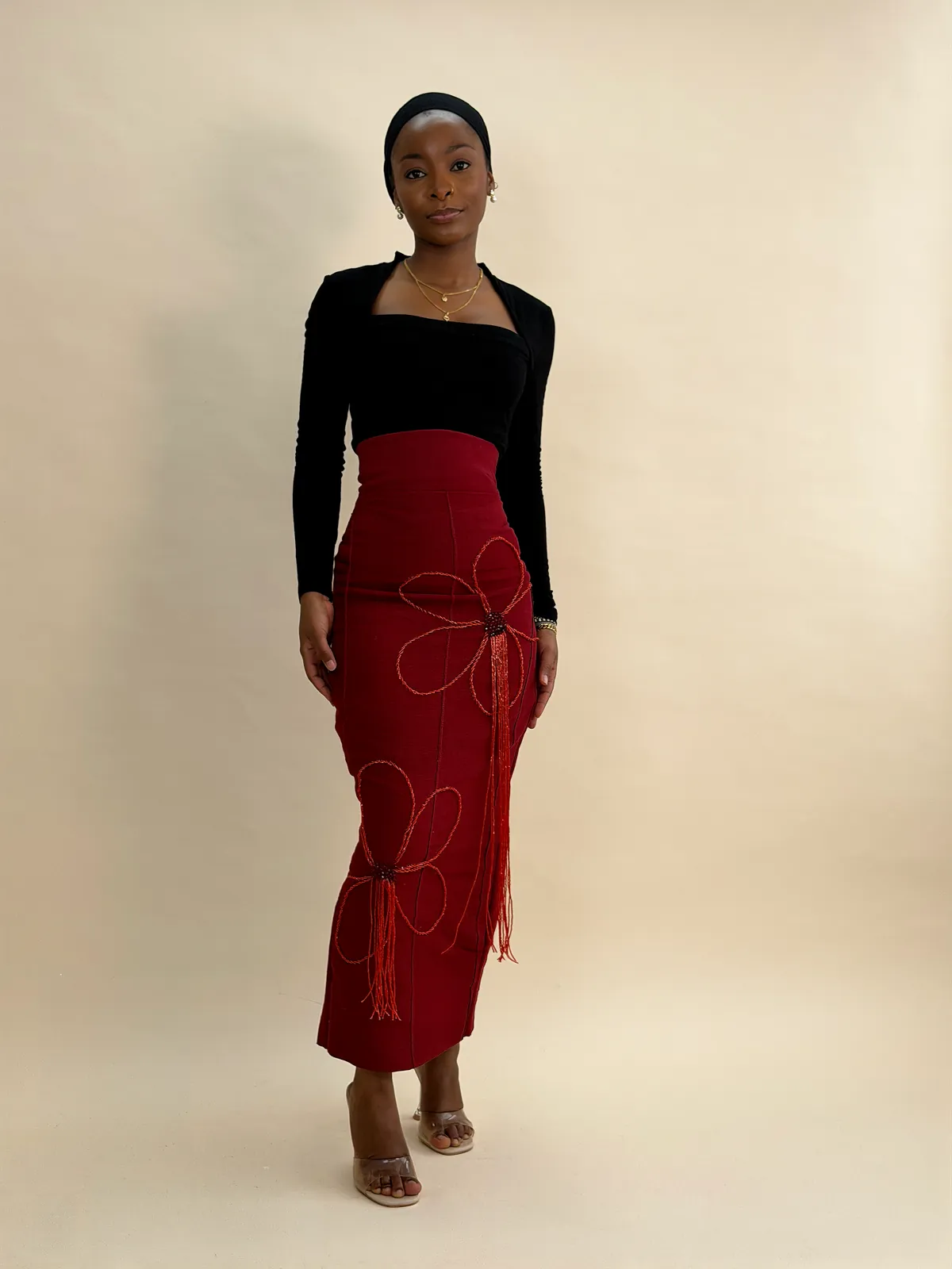 The Ododo skirt in burgundy, side view